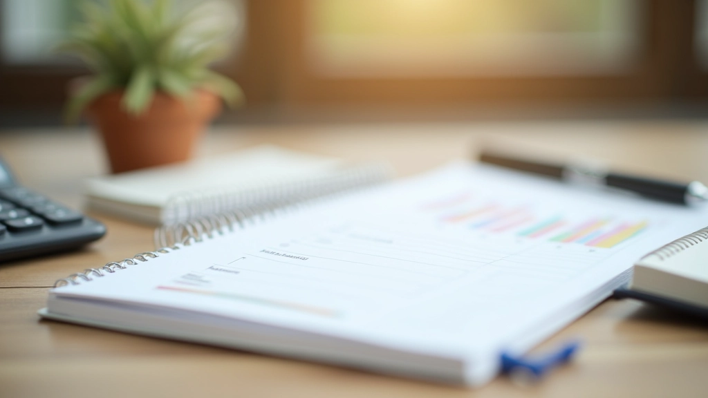 Close-up of budget notebook with pen and calculator on wooden desk