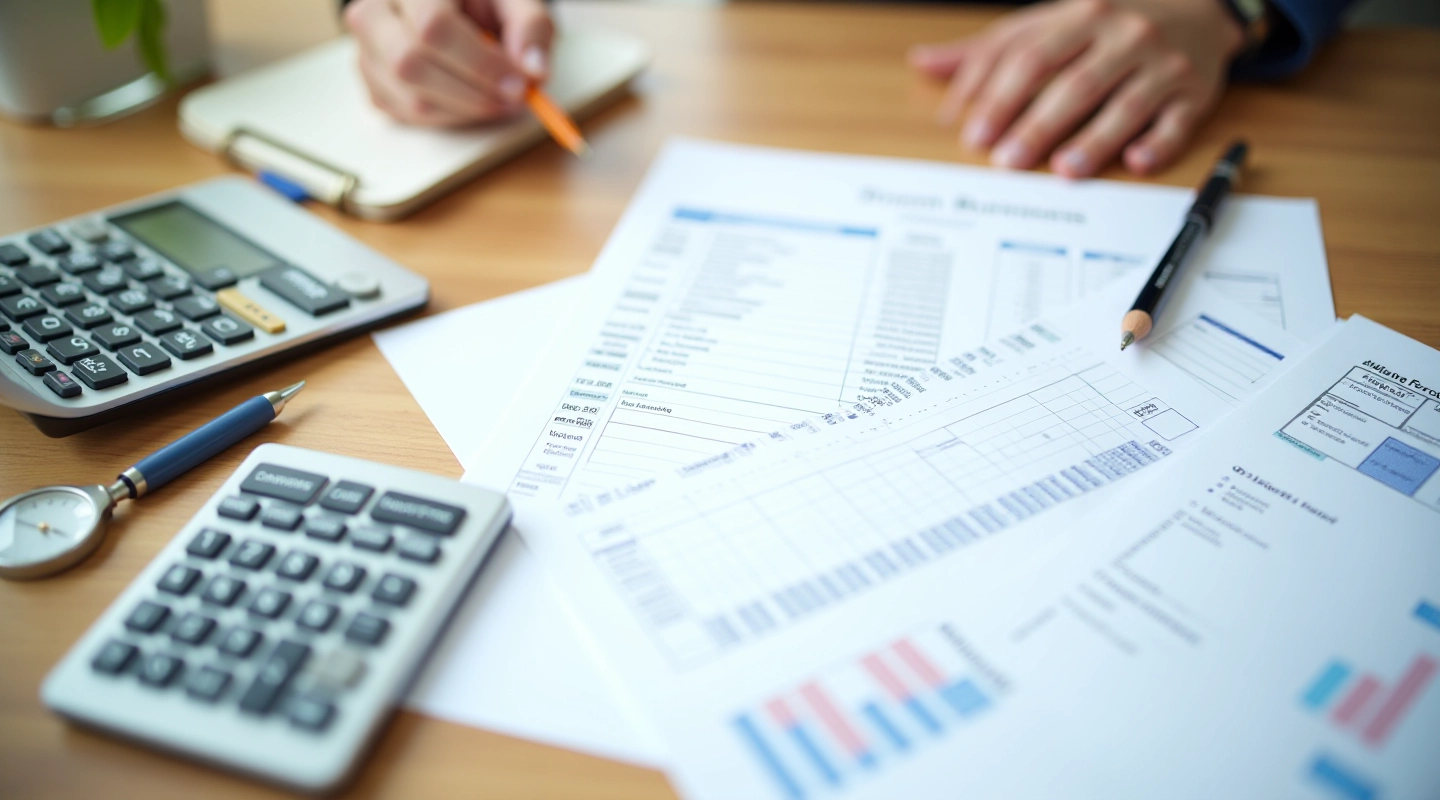 Spreadsheet with budget numbers and calculator on desk