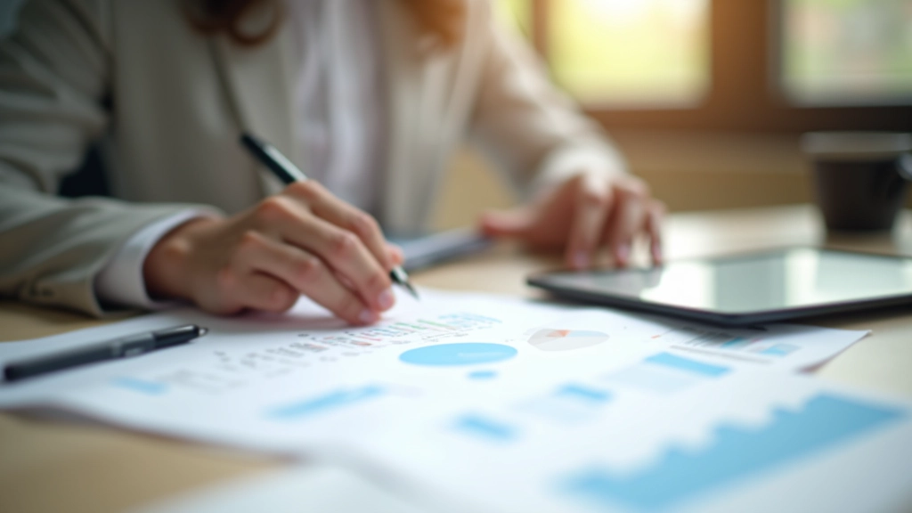 Person reviewing financial documents and charts at a bright home office desk